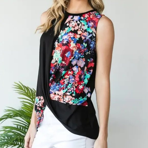 Floral Contrast Top with Twist Knot - Picture 1 of 6
